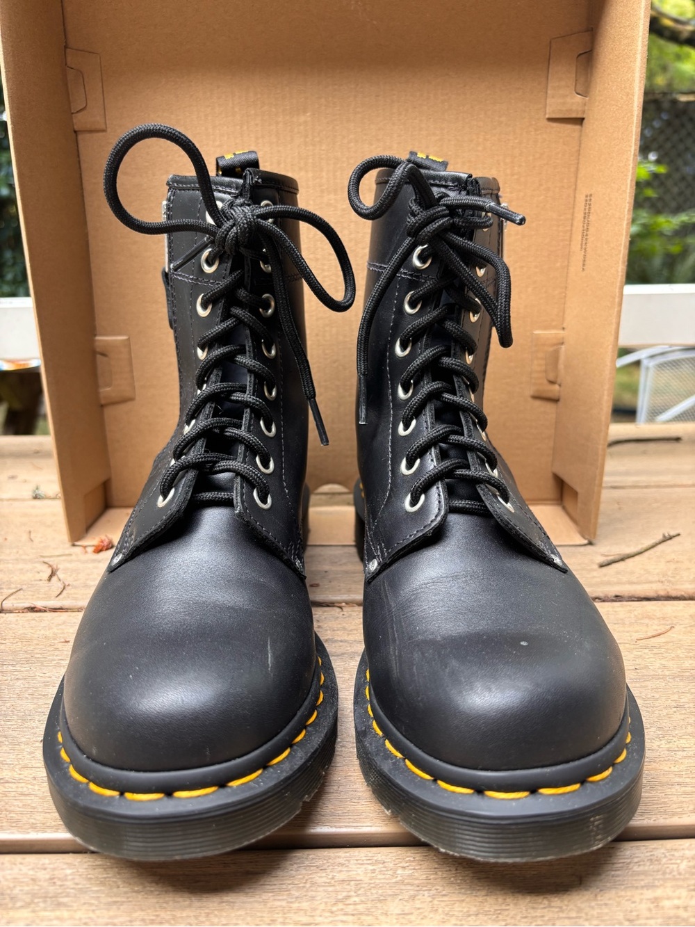 Dr. Martens Black Leather Combat Boots with Yellow Stitching
